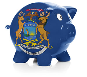 Piggy bank painted with state flag of Michigan