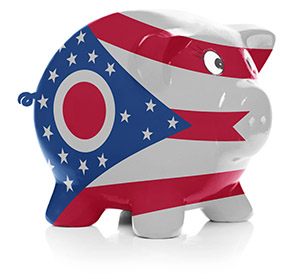 Piggy bank painted with Ohio state flag