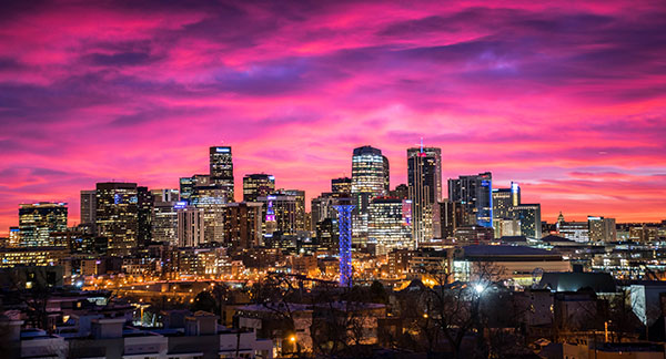 Denver city skyline at sunset