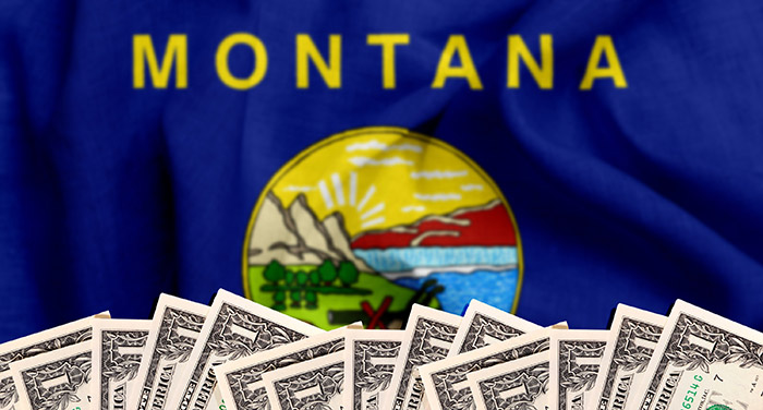 Dollar bills under Montana state flag