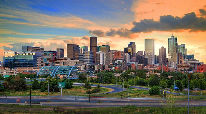 Denver, Colorado city skyline at sunset