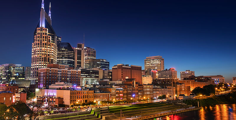 Nashville, Tennessee city skyline at dusk