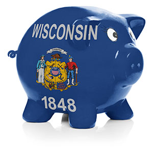 Piggy bank painted with the state flag Wisconsin