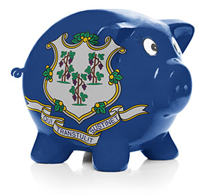 Piggy bank painted with Connecticut state flag