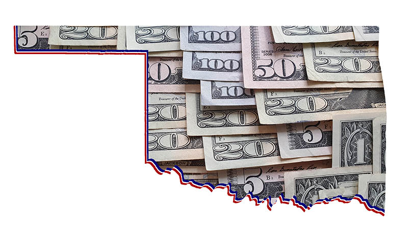 Mapa del estado de Oklahoma lleno de dólares estadounidenses