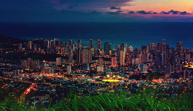 Honolulu city skyline just after sunset