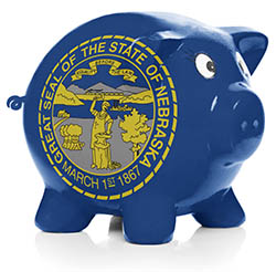 Piggy bank painted with Nebraska state flag