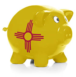 Piggy bank painted with New Mexico state flag