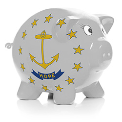 Piggy bank with Rhode Island state flag painted on the side