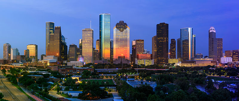Houston city skyline at dusk