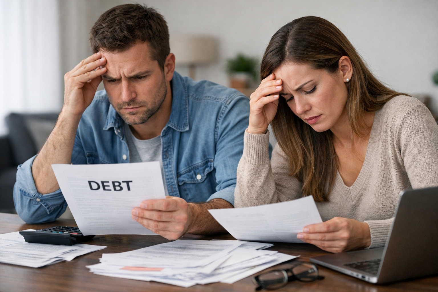 A man and woman reviewing debt paperwork with stressed expressions, representing challenges and risks of DIY debt settlement